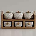 Ceramic Spice Jars With Lids On Wooden Rack Featuring Small Drawers