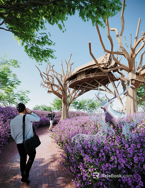 Scenic Outdoor Garden With Purple Flower Field Treehouse Structure And Deer Sculpture 3d model 