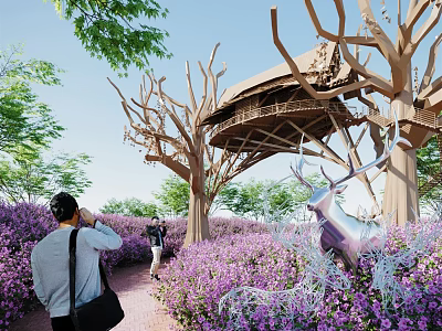 Scenic Outdoor Garden With Purple Flower Field Treehouse Structure And Deer Sculpture 3d model