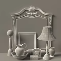 Decorative Wooden Carved Frame Mirror on Dresser Top with Vase Lamp Photo Clock and Decor