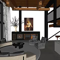 Duplex Living Room With High Ceiling Industrial Pipes Large Decorative Painting Fireplace And Comfortable Seating