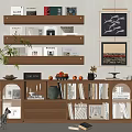 Wooden Bookcase With Shelves Books Clock Fruits Decorations Potted Plant And Wall Art
