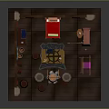 Medieval Workshop Interior With Wooden Pillars Red Banners Skull Symbols Workbench Tools And Crossbow