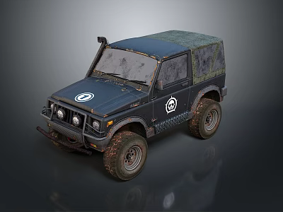 Vintage Muddy Off Road Vehicle With Dark Blue Body Green Roof And Large Tires 3d model