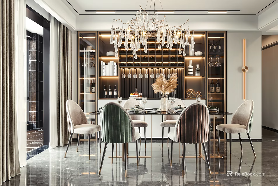 Elegant Modern Dining Set With Glass Tabletop Green Beige Chairs Crystal Chandelier And Wine Cabinet 3d model 