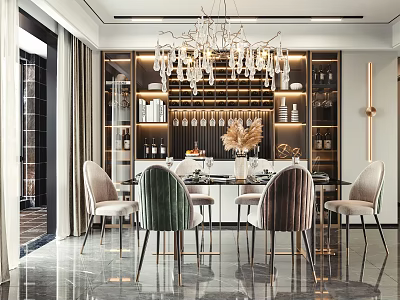 Elegant Modern Dining Set With Glass Tabletop Green Beige Chairs Crystal Chandelier And Wine Cabinet 3d model