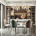 Elegant Modern Dining Set With Glass Tabletop Green Beige Chairs Crystal Chandelier And Wine Cabinet