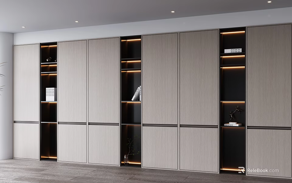 Modern Minimalist Decorative Cabinet With Open Shelves Light Wood Finish And Integrated LED Lighting 3d model 