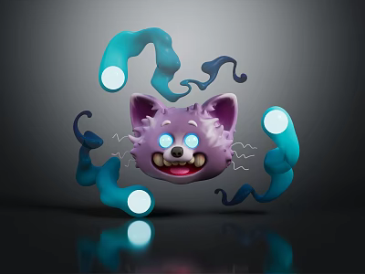 Purple Cat Face With Glowing Blue Eyes Surrounded By Blue Ghostly Creatures With Glowing Orbs 3d model