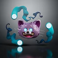 Purple Cat Face With Glowing Blue Eyes Surrounded By Blue Ghostly Creatures With Glowing Orbs