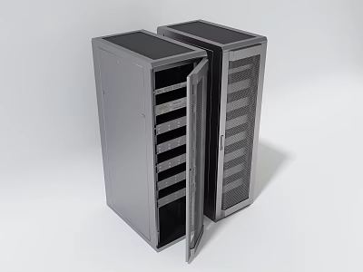 Industrial Equipment Two Gray Rack Cabinets With Open Door And Internal Shelves 3d model