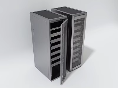 Industrial Equipment Two Gray Rack Cabinets With Open Door And Internal Shelves 3d model