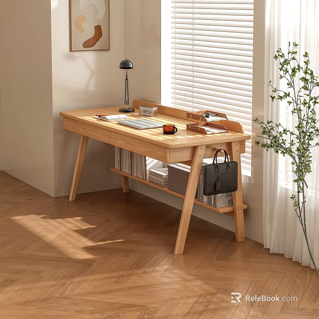 Natural Wooden Desk With Table Lamp Notebook Mug By Window Blinds Sunlight And Green Plant 3d model 