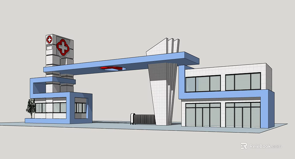 Hospital Entrance Gate with Modern Design Red Cross Sign Blue and White Building Canopy 3d model 