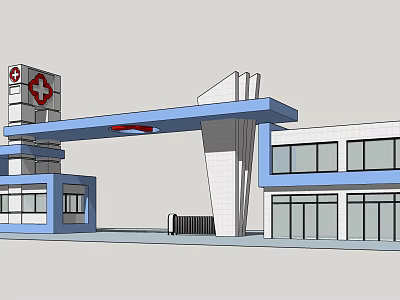 Hospital Entrance Gate with Modern Design Red Cross Sign Blue and White Building Canopy 3d model