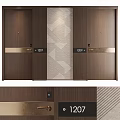 Wooden Sliding Door With Geometric Pattern And Gold Decorative Strip In Hotel Corridor