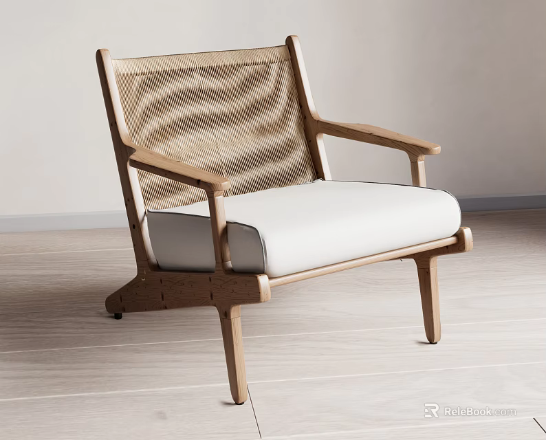 Modern Leisure Accent Chair With Wooden Frame Woven Backrest And White Cushion 3d model 