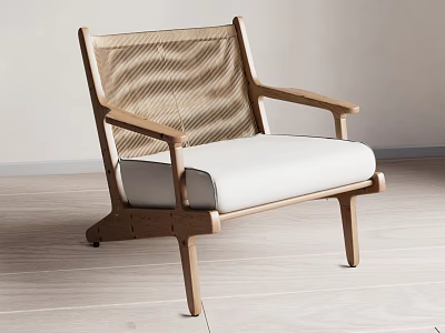 Modern Leisure Accent Chair With Wooden Frame Woven Backrest And White Cushion 3d model