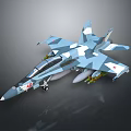 Military Fighter Jet With Blue White Camouflage Paint And Weapons Under Wings