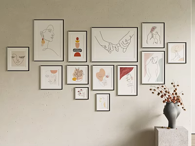 Abstract Paintings Gallery Wall With Framed Artworks Abstract Figures Lines And Shapes 3d model