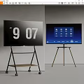 Two Modern TVs Displaying Time And Icon Interface On Rolling Stands 3d model
