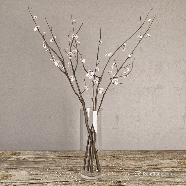 Clear Glass Vase With Pink Flower Branches On Wooden Table Against Gray Wall 3d model 