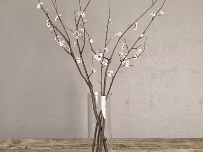Clear Glass Vase With Pink Flower Branches On Wooden Table Against Gray Wall 3d model