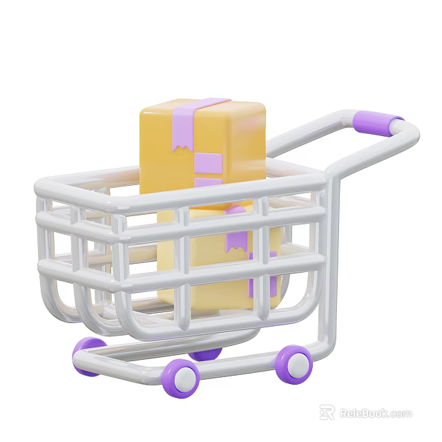 Shopping Cart With Yellow Packages Purple Ribbons White Frame And Purple Wheels 3d model 