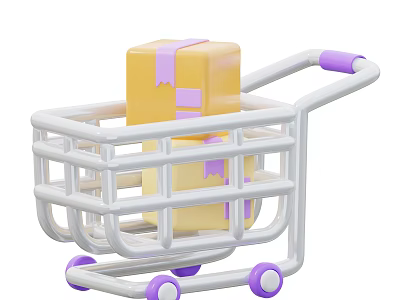 Shopping Cart With Yellow Packages Purple Ribbons White Frame And Purple Wheels 3d model
