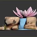 Small Fish Swimming In Pond With Pink Lotus Stone Waterfall And Green Grass