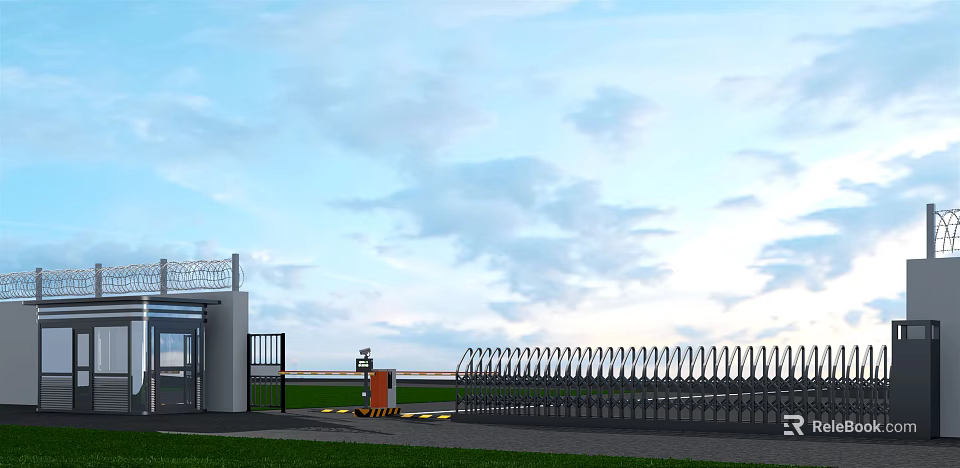 Modern Metal Entrance Gate With Railing Design Security Booth And Green Lawn Under Blue Sky 3d model 