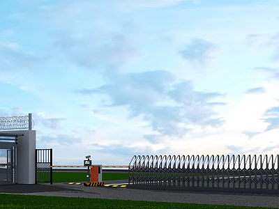 Modern Metal Entrance Gate With Railing Design Security Booth And Green Lawn Under Blue Sky 3d model