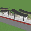 Modern Chinese Pergola With Curved Roof Wooden Strips And Landscape Painting Panels On Green Lawn