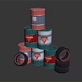 Colorful Industrial Storage Display With Stacked Multi Colored Drums And Black Tires With Red Trim