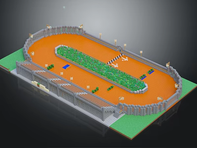 Modern Athletic Stadium With Orange Track Green Central Area Stands And Light Poles 3d model