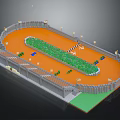 Modern Athletic Stadium With Orange Track Green Central Area Stands And Light Poles