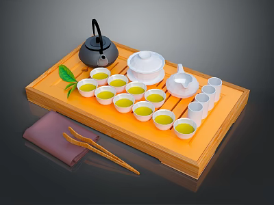 Traditional Green Tea Set On Wooden Tray With Teapot Cups Bowls Leaf Cloth And Chopsticks 3d model