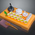 Traditional Green Tea Set On Wooden Tray With Teapot Cups Bowls Leaf Cloth And Chopsticks