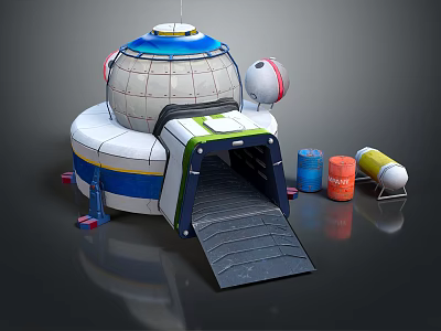 Vibrant Cartoon Scene With Round Spaceship Blue White Top Black Ramp And Colorful Cylindrical Canisters 3d model