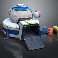 Vibrant Cartoon Scene With Round Spaceship Blue White Top Black Ramp And Colorful Cylindrical Canisters