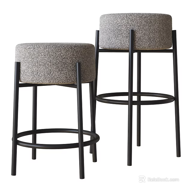 Modern Bar Stools With Gray Fabric Seats And Black Metal Legs 3d model 