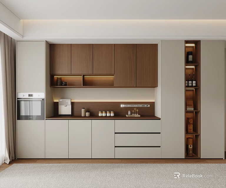 Modern Open Kitchen Sideboard Design With Wooden Cabinets Storage And Lighting 3d model 