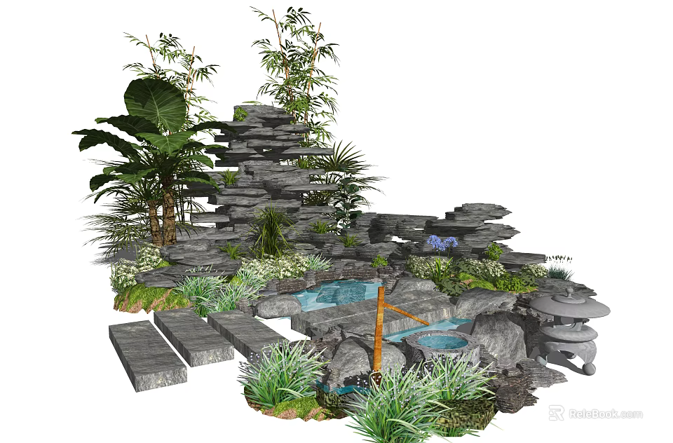 Natural Courtyard Garden With Rockery Pond Stone Steps And Bamboo Plants 3d model 