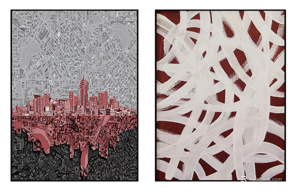 Two Abstract Artworks Featuring Red Cityscape And White Intertwined Lines 3d model 