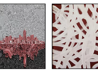 Two Abstract Artworks Featuring Red Cityscape And White Intertwined Lines 3d model