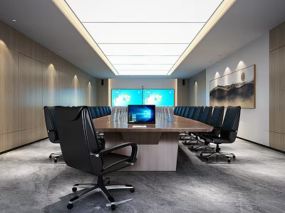 Modern Conference Room Interior With Long Table Black Office Chairs Laptop And Large Screen 3d model
