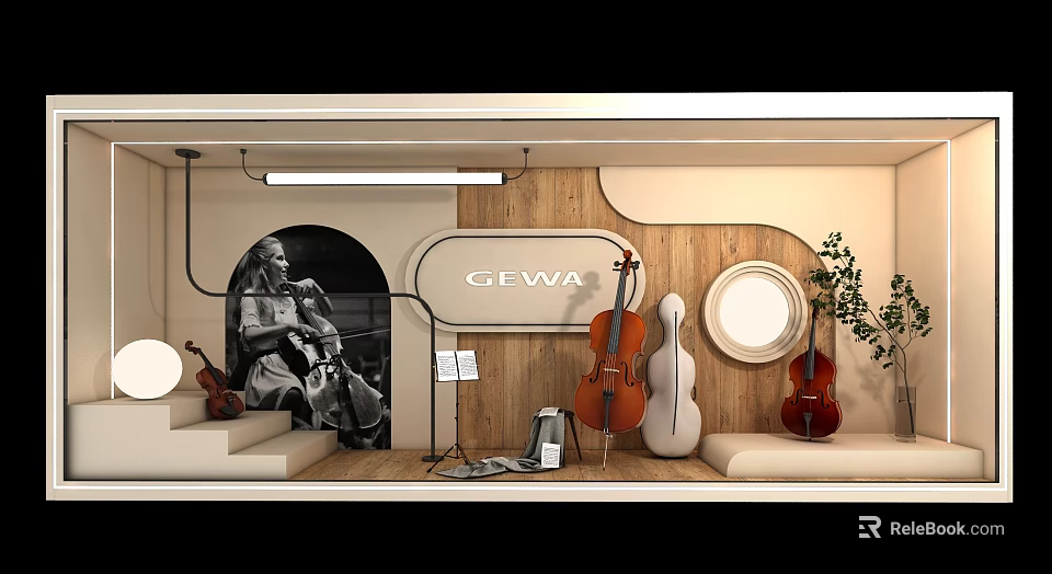 GEWA Musical Instrument Showcase With Cello Violin Black White Photo Wooden Wall And Green Plant 3d model 