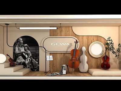 GEWA Musical Instrument Showcase With Cello Violin Black White Photo Wooden Wall And Green Plant 3d model