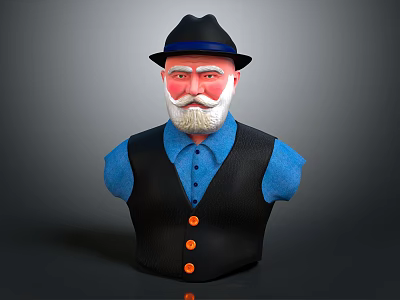 3D Male Character Bust With Black Hat White Beard Blue Shirt And Black Vest Design 3d model