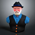 3D Male Character Bust With Black Hat White Beard Blue Shirt And Black Vest Design